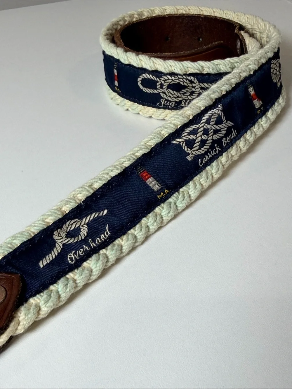 Polo Ralph Lauren 32W RARE Nautical Rope-Trim Leather Belt Preppy Canvas Trad